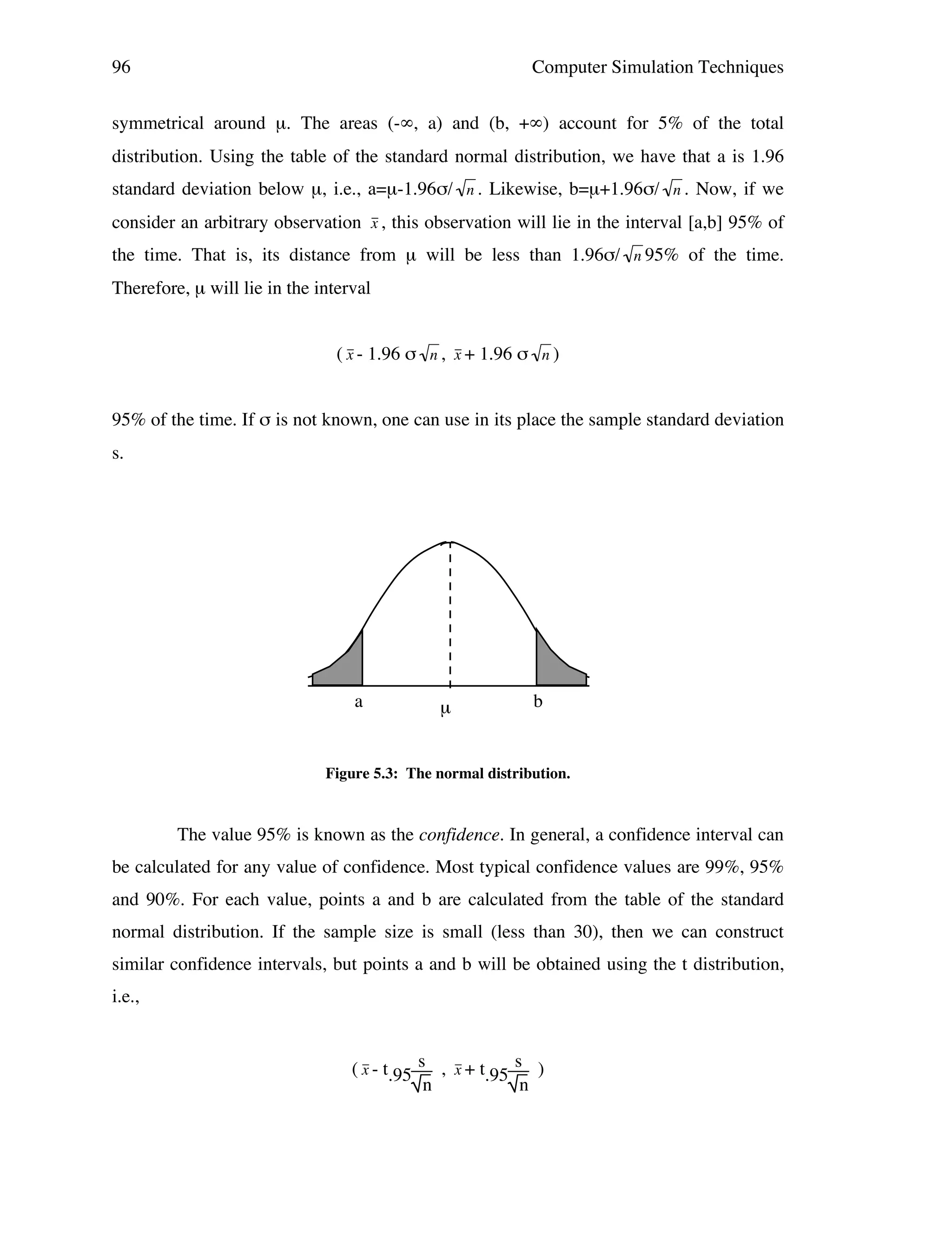 96

Computer Simulation Techniques

symmetrical around µ. The areas (-∞, a) and (b, +∞) account for 5% of the total
distribution. Using the table of the standard normal distribution, we have that a is 1.96
standard deviation below µ, i.e., a=µ-1.96σ/ n . Likewise, b=µ+1.96σ/ n . Now, if we
consider an arbitrary observation x , this observation will lie in the interval [a,b] 95% of
!
!
the time. That is, its distance from µ will be less than 1.96σ/ n 95% of the time.

!
Therefore, µ will lie in the interval
!

( x - 1.96 σ n , x + 1.96 σ n )
!
! !
95% of the time. If σ is not known, one can use!in its place the sample standard deviation

s.

a

µ

b

Figure 5.3: The normal distribution.

The value 95% is known as the confidence. In general, a confidence interval can
be calculated for any value of confidence. Most typical confidence values are 99%, 95%
and 90%. For each value, points a and b are calculated from the table of the standard
normal distribution. If the sample size is small (less than 30), then we can construct
similar confidence intervals, but points a and b will be obtained using the t distribution,
i.e.,
( x - t.95 s , x + t.95 s )
n
n
!

!

 