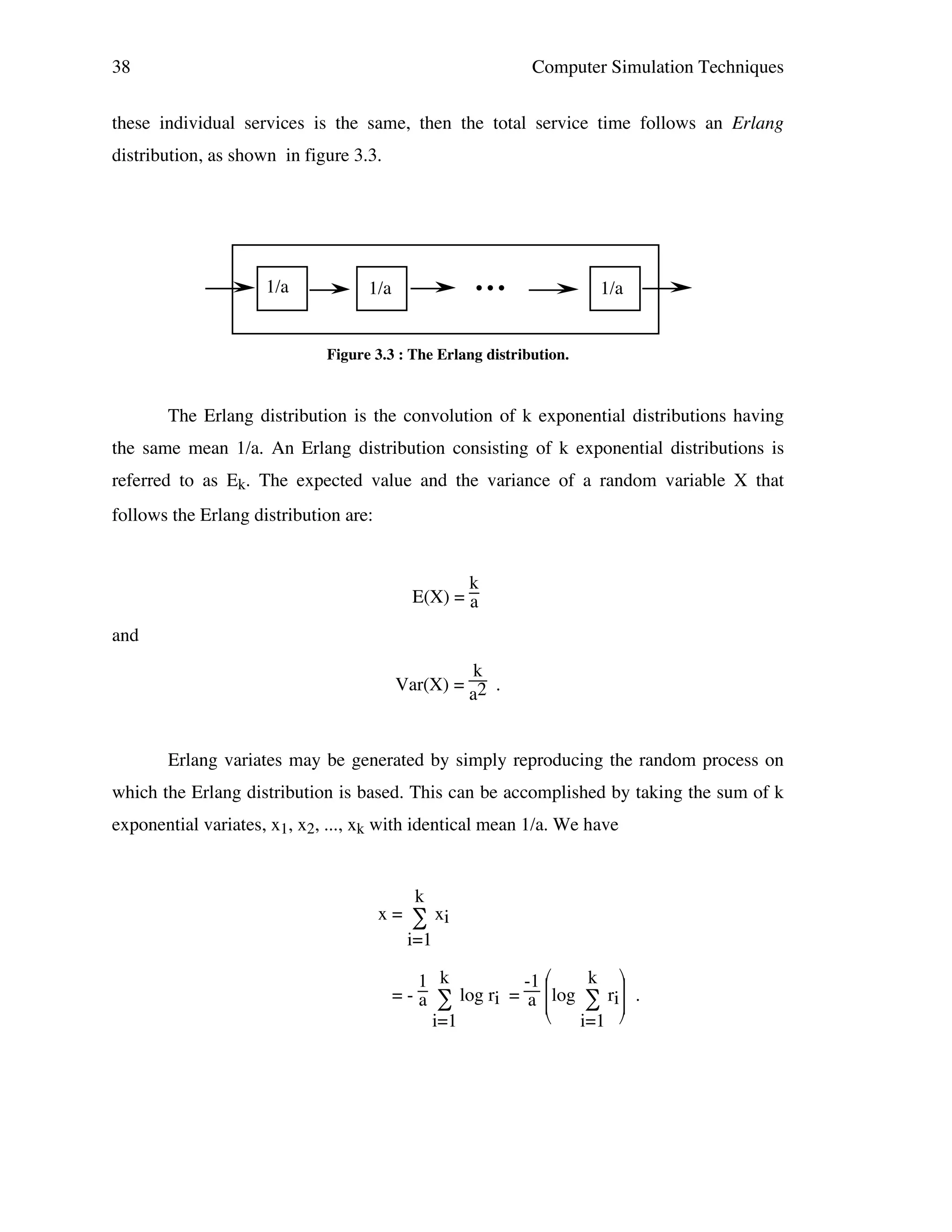 38

Computer Simulation Techniques

these individual services is the same, then the total service time follows an Erlang
distribution, as shown in figure 3.3.

1/a

1/a

•!•!•

1/a

Figure 3.3 : The Erlang distribution.

The Erlang distribution is the convolution of k exponential distributions having
the same mean 1/a. An Erlang distribution consisting of k exponential distributions is
referred to as Ek. The expected value and the variance of a random variable X that
follows the Erlang distribution are:

k
E(X) = a
and
k
Var(X) = 2 .
a

Erlang variates may be generated by simply reproducing the random process on
which the Erlang distribution is based. This can be accomplished by taking the sum of k
exponential variates, x1, x2, ..., xk with identical mean 1/a. We have

k
x = ∑ xi
i=1
k 
1 k
-1 
= - a ∑ log ri = a log ∑ ri .



i=1
i=1 

 