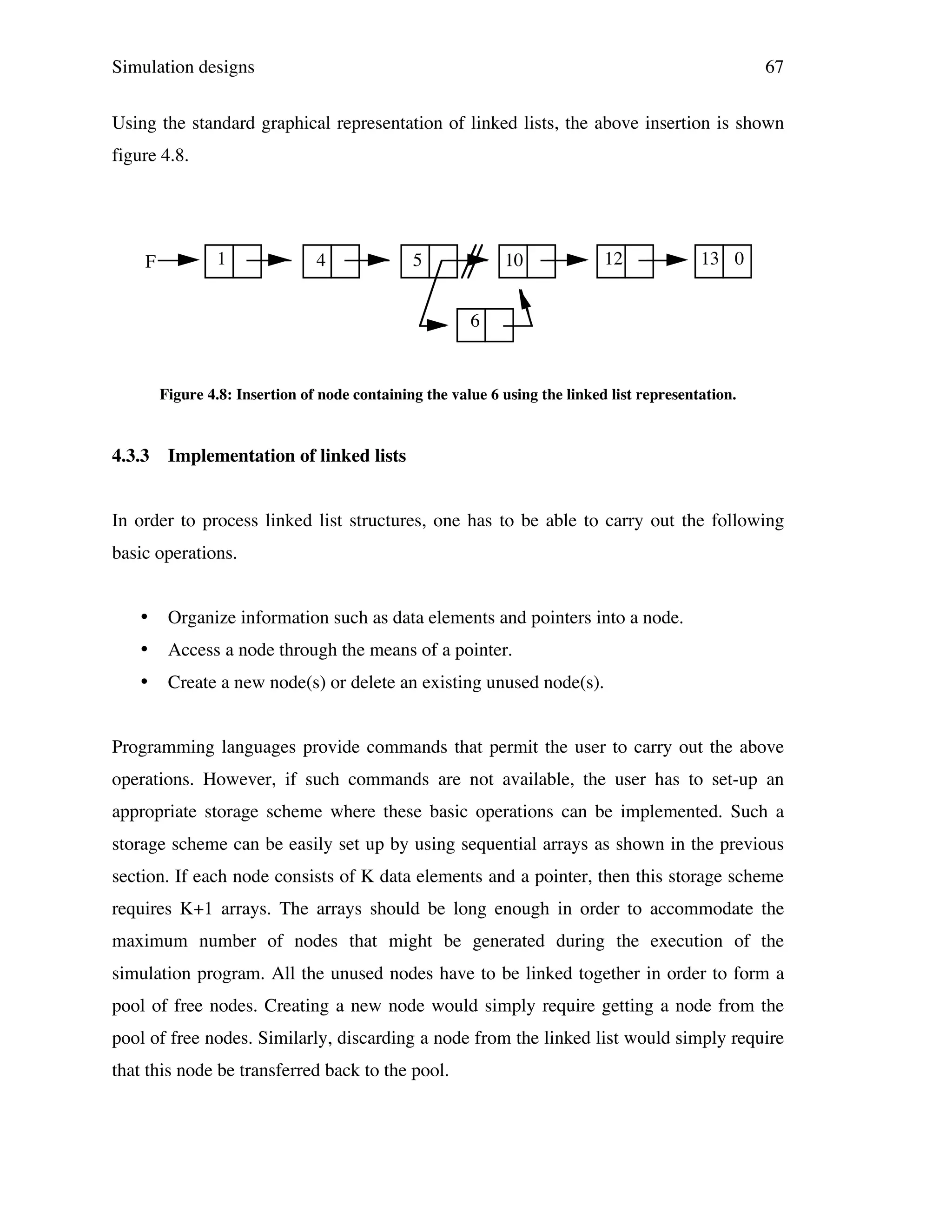 Simulation designs

67

Using the standard graphical representation of linked lists, the above insertion is shown
figure 4.8.

F

1

4

5

10

12

13 0

6

Figure 4.8: Insertion of node containing the value 6 using the linked list representation.

4.3.3

Implementation of linked lists

In order to process linked list structures, one has to be able to carry out the following
basic operations.

•

Organize information such as data elements and pointers into a node.

•

Access a node through the means of a pointer.

•

Create a new node(s) or delete an existing unused node(s).

Programming languages provide commands that permit the user to carry out the above
operations. However, if such commands are not available, the user has to set-up an
appropriate storage scheme where these basic operations can be implemented. Such a
storage scheme can be easily set up by using sequential arrays as shown in the previous
section. If each node consists of K data elements and a pointer, then this storage scheme
requires K+1 arrays. The arrays should be long enough in order to accommodate the
maximum number of nodes that might be generated during the execution of the
simulation program. All the unused nodes have to be linked together in order to form a
pool of free nodes. Creating a new node would simply require getting a node from the
pool of free nodes. Similarly, discarding a node from the linked list would simply require
that this node be transferred back to the pool.

 