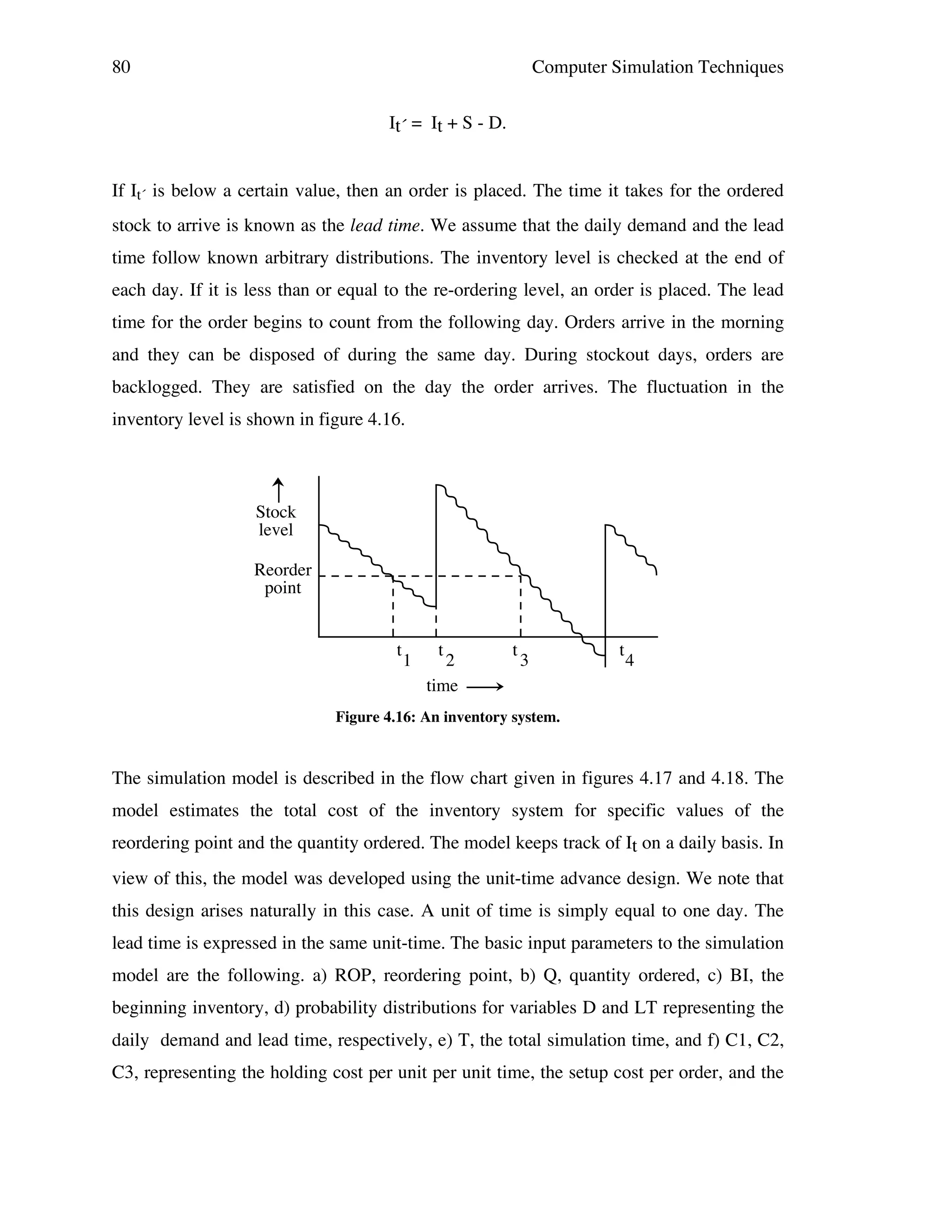 80

Computer Simulation Techniques
It´ = It + S - D.

If It´ is below a certain value, then an order is placed. The time it takes for the ordered
stock to arrive is known as the lead time. We assume that the daily demand and the lead
time follow known arbitrary distributions. The inventory level is checked at the end of
each day. If it is less than or equal to the re-ordering level, an order is placed. The lead
time for the order begins to count from the following day. Orders arrive in the morning
and they can be disposed of during the same day. During stockout days, orders are
backlogged. They are satisfied on the day the order arrives. The fluctuation in the
inventory level is shown in figure 4.16.

Stock
level
Reorder
point
t

1

t

2
time

t

3

t

4

Figure 4.16: An inventory system.

The simulation model is described in the flow chart given in figures 4.17 and 4.18. The
model estimates the total cost of the inventory system for specific values of the
reordering point and the quantity ordered. The model keeps track of It on a daily basis. In
view of this, the model was developed using the unit-time advance design. We note that
this design arises naturally in this case. A unit of time is simply equal to one day. The
lead time is expressed in the same unit-time. The basic input parameters to the simulation
model are the following. a) ROP, reordering point, b) Q, quantity ordered, c) BI, the
beginning inventory, d) probability distributions for variables D and LT representing the
daily demand and lead time, respectively, e) T, the total simulation time, and f) C1, C2,
C3, representing the holding cost per unit per unit time, the setup cost per order, and the

 