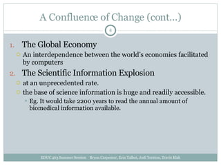 A Confluence of Change (cont…) The Global Economy An interdependence between the world’s economies facilitated by computers The Scientific Information Explosion at an unprecedented rate. the base of science information is huge and readily accessible. Eg. It would take 2200 years to read the annual amount of biomedical information available. EDUC 463 Summer Session  Bryon Carpenter, Erin Talbot, Jodi Yorston, Travis Klak 