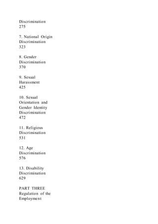 Discrimination
275
7. National Origin
Discrimination
323
8. Gender
Discrimination
370
9. Sexual
Harassment
425
10. Sexual
Orientation and
Gender Identity
Discrimination
472
11. Religious
Discrimination
531
12. Age
Discrimination
576
13. Disability
Discrimination
629
PART THREE
Regulation of the
Employment
 