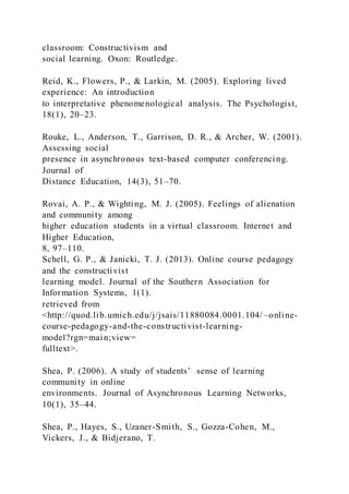 classroom: Constructivism and
social learning. Oxon: Routledge.
Reid, K., Flowers, P., & Larkin, M. (2005). Exploring lived
experience: An introduction
to interpretative phenomenological analysis. The Psychologist,
18(1), 20–23.
Rouke, L., Anderson, T., Garrison, D. R., & Archer, W. (2001).
Assessing social
presence in asynchronous text-based computer conferencing.
Journal of
Distance Education, 14(3), 51–70.
Rovai, A. P., & Wighting, M. J. (2005). Feelings of alienation
and community among
higher education students in a virtual classroom. Internet and
Higher Education,
8, 97–110.
Schell, G. P., & Janicki, T. J. (2013). Online course pedagogy
and the constructivist
learning model. Journal of the Southern Association for
Information Systems, 1(1).
retrieved from
<http://quod.lib.umich.edu/j/jsais/11880084.0001.104/ –online-
course-pedagogy-and-the-constructivist-learning-
model?rgn=main;view=
fulltext>.
Shea, P. (2006). A study of students’ sense of learning
community in online
environments. Journal of Asynchronous Learning Networks,
10(1), 35–44.
Shea, P., Hayes, S., Uzaner-Smith, S., Gozza-Cohen, M.,
Vickers, J., & Bidjerano, T.
 