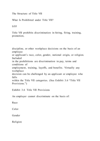 The Structure of Title VII
What Is Prohibited under Title VII?
LO3
Title VII prohibits discrimination in hiring, firing, training,
promotion,
discipline, or other workplace decisions on the basis of an
employee
or applicant’s race, color, gender, national origin, or religion.
Included
in the prohibitions are discrimination in pay, terms and
conditions of
employment, training, layoffs, and benefits. Virtually any
workplace
decision can be challenged by an applicant or employee who
falls
within the Title VII categories. (See Exhibit 3.6 “Title VII
Provisions.”)
Exhibit 3.6 Title VII Provisions
An employer cannot discriminate on the basis of:
Race
Color
Gender
Religion
 