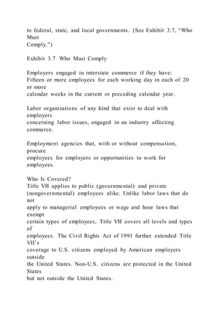 to federal, state, and local governments. (See Exhibit 3.7, “Who
Must
Comply.”)
Exhibit 3.7 Who Must Comply
Employers engaged in interstate commerce if they have:
Fifteen or more employees for each working day in each of 20
or more
calendar weeks in the current or preceding calendar year.
Labor organizations of any kind that exist to deal with
employers
concerning labor issues, engaged in an industry affecting
commerce.
Employment agencies that, with or without compensation,
procure
employees for employers or opportunities to work for
employees.
Who Is Covered?
Title VII applies to public (governmental) and private
(nongovernmental) employees alike. Unlike labor laws that do
not
apply to managerial employees or wage and hour laws that
exempt
certain types of employees, Title VII covers all levels and types
of
employees. The Civil Rights Act of 1991 further extended Title
VII’s
coverage to U.S. citizens employed by American employers
outside
the United States. Non-U.S. citizens are protected in the United
States
but not outside the United States.
 