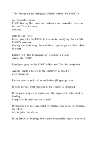 “The Procedure for Bringing a Claim within the EEOC.”)
no reasonable cause
EEOC finding that evidence indicates no reasonable basis to
believe Title VII was
violated.
right-to-sue letter
Letter given by the EEOC to claimants, notifying them of the
EEOC’s no-cause
finding and informing them of their right to pursue their claim
in court.
Exhibit 3.9 The Procedure for Bringing a Claim
within the EEOC
Employee goes to the EEOC office and files the complaint.
Agency sends a notice to the employer accused of
discrimination.
Parties receive referral to mediation (if appropriate).
If both parties elect mediation, the charge is mediated.
If the parties agree in mediation, the negotiated settlement is
binding.
Complaint is resolved and closed.
If mediation is not successful or parties choose not to mediate,
the EEOC
investigates the claim.
If the EEOC’s investigation shows reasonable cause to believe
 