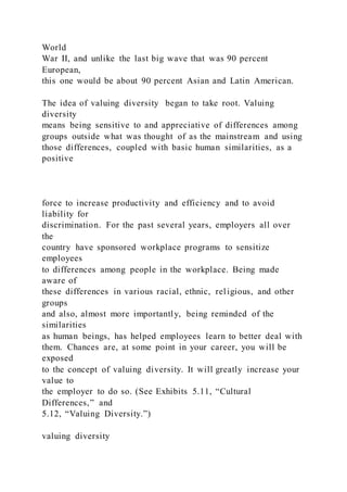 World
War II, and unlike the last big wave that was 90 percent
European,
this one would be about 90 percent Asian and Latin American.
The idea of valuing diversity began to take root. Valuing
diversity
means being sensitive to and appreciative of differences among
groups outside what was thought of as the mainstream and using
those differences, coupled with basic human similarities, as a
positive
force to increase productivity and efficiency and to avoid
liability for
discrimination. For the past several years, employers all over
the
country have sponsored workplace programs to sensitize
employees
to differences among people in the workplace. Being made
aware of
these differences in various racial, ethnic, religious, and other
groups
and also, almost more importantly, being reminded of the
similarities
as human beings, has helped employees learn to better deal with
them. Chances are, at some point in your career, you will be
exposed
to the concept of valuing diversity. It will greatly increase your
value to
the employer to do so. (See Exhibits 5.11, “Cultural
Differences,” and
5.12, “Valuing Diversity.”)
valuing diversity
 