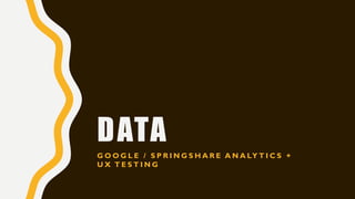 DATA
G O O G L E / S P R I N G S H A R E A N A LY T I C S +
U X T E S T I N G
 