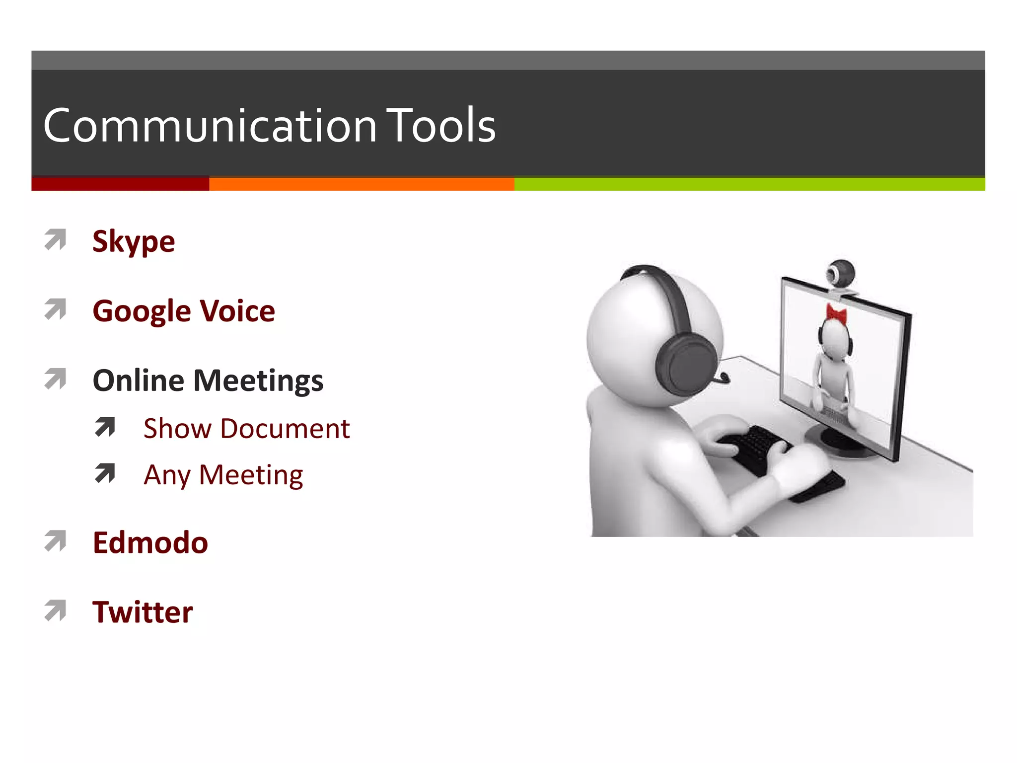 Communication Tools Skype Google Voice Online Meetings Show Document Any Meeting Edmodo Twitter 