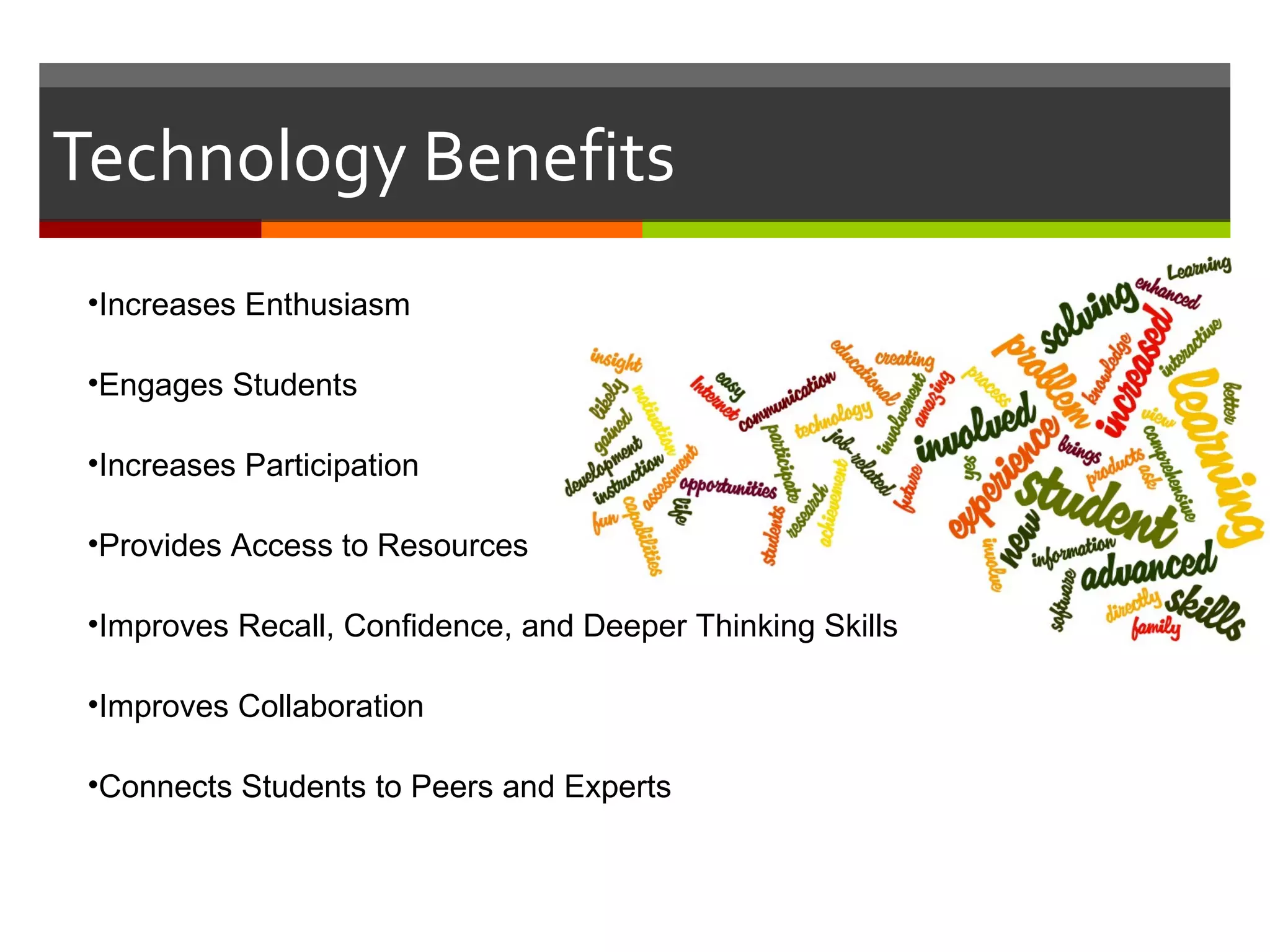 Technology Benefits Increases Enthusiasm Engages Students Increases Participation Provides Access to Resources Improves Recall, Confidence, and Deeper Thinking Skills Improves Collaboration  Connects Students to Peers and Experts 