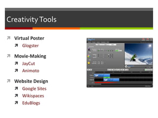 Creativity Tools Virtual Poster Glogster Movie-Making JayCut Animoto Website Design Google Sites Wikispaces EduBlogs 