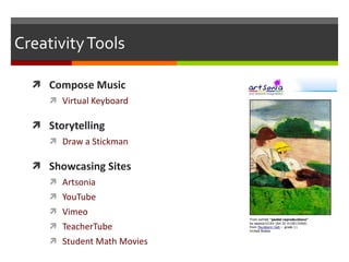 Creativity Tools Compose Music Virtual Keyboard Storytelling  Draw a Stickman Showcasing Sites Artsonia YouTube Vimeo TeacherTube Student Math Movies 