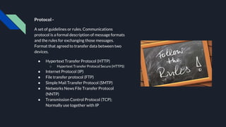 Protocol -
A set of guidelines or rules. Communications
protocol is a formal description of message formats
and the rules for exchanging those messages.
Format that agreed to transfer data between two
devices.
● Hypertext Transfer Protocol (HTTP)
○ Hypertext Transfer Protocol Secure (HTTPS)
● Internet Protocol (IP)
● File transfer protocol (FTP)
● Simple Mail Transfer Protocol (SMTP)
● Networks News File Transfer Protocol
(NNTP)
● Transmission Control Protocol (TCP);
Normally use together with IP
 