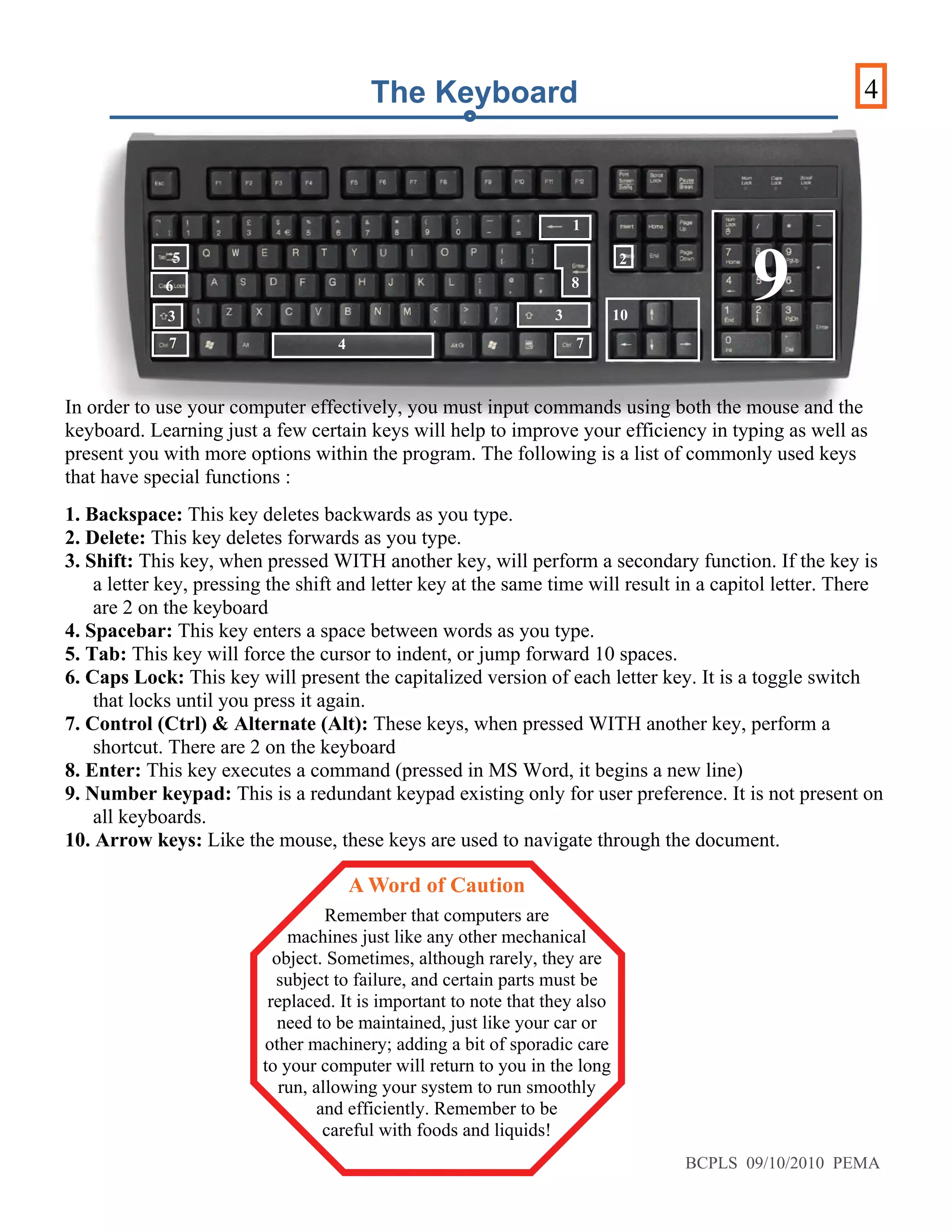 4
In order to use your computer effectively, you must input commands using both the mouse and the
keyboard. Learning just a few certain keys will help to improve your efficiency in typing as well as
present you with more options within the program. The following is a list of commonly used keys
that have special functions :
1. Backspace: This key deletes backwards as you type.
2. Delete: This key deletes forwards as you type.
3. Shift: This key, when pressed WITH another key, will perform a secondary function. If the key is
a letter key, pressing the shift and letter key at the same time will result in a capitol letter. There
are 2 on the keyboard
4. Spacebar: This key enters a space between words as you type.
5. Tab: This key will force the cursor to indent, or jump forward 10 spaces.
6. Caps Lock: This key will present the capitalized version of each letter key. It is a toggle switch
that locks until you press it again.
7. Control (Ctrl) & Alternate (Alt): These keys, when pressed WITH another key, perform a
shortcut. There are 2 on the keyboard
8. Enter: This key executes a command (pressed in MS Word, it begins a new line)
9. Number keypad: This is a redundant keypad existing only for user preference. It is not present on
all keyboards.
10. Arrow keys: Like the mouse, these keys are used to navigate through the document.
The Keyboard
1
2
3
3
4
5
6
7
7
8
9
10
A Word of Caution
Remember that computers are
machines just like any other mechanical
object. Sometimes, although rarely, they are
subject to failure, and certain parts must be
replaced. It is important to note that they also
need to be maintained, just like your car or
other machinery; adding a bit of sporadic care
to your computer will return to you in the long
run, allowing your system to run smoothly
and efficiently. Remember to be
careful with foods and liquids!
BCPLS 09/10/2010 PEMA
 