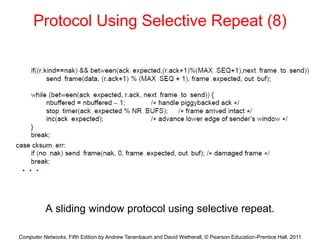Computer Networks, Fifth Edition by Andrew Tanenbaum and David Wetherall, © Pearson Education-Prentice Hall, 2011
Protocol Using Selective Repeat (8)
A sliding window protocol using selective repeat.
. . .
 