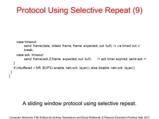 Computer Networks, Fifth Edition by Andrew Tanenbaum and David Wetherall, © Pearson Education-Prentice Hall, 2011
Protocol Using Selective Repeat (9)
A sliding window protocol using selective repeat.
 