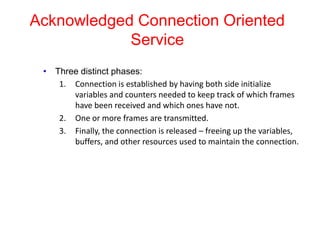 Acknowledged Connection Oriented
Service
• Three distinct phases:
1. Connection is established by having both side initialize
variables and counters needed to keep track of which frames
have been received and which ones have not.
2. One or more frames are transmitted.
3. Finally, the connection is released – freeing up the variables,
buffers, and other resources used to maintain the connection.
 