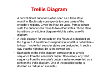 Trellis Diagram
• A convolutional encoder is often seen as a finite state
machine. Each state corresponds to some value of the
encoder's register. Given the input bit value, from a certain
state the encoder can move to two other states. These state
transitions constitute a diagram which is called a trellis
diagram.
• A trellis diagram for the code on the Figure 2 is depicted on
the Figure 3. A solid line corresponds to input 0, a dotted line –
to input 1 (note that encoder states are designated in such a
way that the rightmost bit is the newest one).
• Each path on the trellis diagram corresponds to a valid
sequence from the encoder's output. Conversely, any valid
sequence from the encoder's output can be represented as a
path on the trellis diagram. One of the possible paths is
denoted as red (as an example).
 