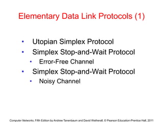 Computer Networks, Fifth Edition by Andrew Tanenbaum and David Wetherall, © Pearson Education-Prentice Hall, 2011
Elementary Data Link Protocols (1)
• Utopian Simplex Protocol
• Simplex Stop-and-Wait Protocol
• Error-Free Channel
• Simplex Stop-and-Wait Protocol
• Noisy Channel
 