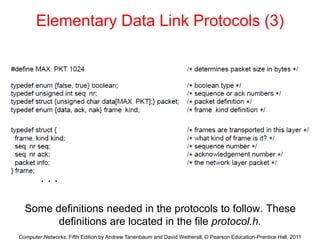 Computer Networks, Fifth Edition by Andrew Tanenbaum and David Wetherall, © Pearson Education-Prentice Hall, 2011
Elementary Data Link Protocols (3)
Some definitions needed in the protocols to follow. These
definitions are located in the file protocol.h.
. . .
 