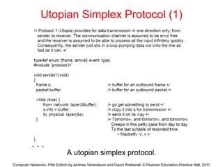 Computer Networks, Fifth Edition by Andrew Tanenbaum and David Wetherall, © Pearson Education-Prentice Hall, 2011
Utopian Simplex Protocol (1)
A utopian simplex protocol.
. . .
 