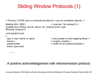 Computer Networks, Fifth Edition by Andrew Tanenbaum and David Wetherall, © Pearson Education-Prentice Hall, 2011
Sliding Window Protocols (1)
A positive acknowledgement with retransmission protocol.
. . .
 