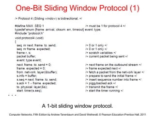 Computer Networks, Fifth Edition by Andrew Tanenbaum and David Wetherall, © Pearson Education-Prentice Hall, 2011
One-Bit Sliding Window Protocol (1)
A 1-bit sliding window protocol.
. . .
 