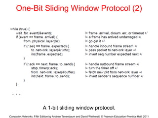 Computer Networks, Fifth Edition by Andrew Tanenbaum and David Wetherall, © Pearson Education-Prentice Hall, 2011
One-Bit Sliding Window Protocol (2)
A 1-bit sliding window protocol.
. . .
 