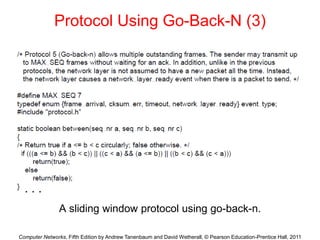 Computer Networks, Fifth Edition by Andrew Tanenbaum and David Wetherall, © Pearson Education-Prentice Hall, 2011
Protocol Using Go-Back-N (3)
A sliding window protocol using go-back-n.
. . .
 