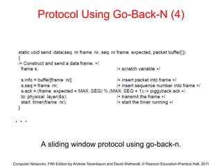 Computer Networks, Fifth Edition by Andrew Tanenbaum and David Wetherall, © Pearson Education-Prentice Hall, 2011
Protocol Using Go-Back-N (4)
A sliding window protocol using go-back-n.
. . .
 