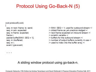 Computer Networks, Fifth Edition by Andrew Tanenbaum and David Wetherall, © Pearson Education-Prentice Hall, 2011
Protocol Using Go-Back-N (5)
A sliding window protocol using go-back-n.
. . .
 