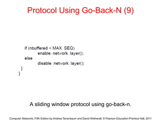 Computer Networks, Fifth Edition by Andrew Tanenbaum and David Wetherall, © Pearson Education-Prentice Hall, 2011
Protocol Using Go-Back-N (9)
A sliding window protocol using go-back-n.
 