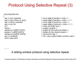 Computer Networks, Fifth Edition by Andrew Tanenbaum and David Wetherall, © Pearson Education-Prentice Hall, 2011
Protocol Using Selective Repeat (3)
A sliding window protocol using selective repeat.
. . .
 