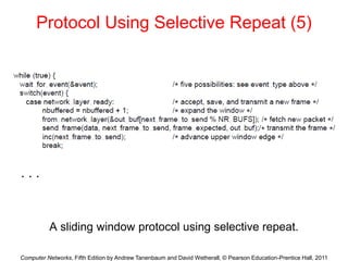 Computer Networks, Fifth Edition by Andrew Tanenbaum and David Wetherall, © Pearson Education-Prentice Hall, 2011
Protocol Using Selective Repeat (5)
A sliding window protocol using selective repeat.
. . .
 