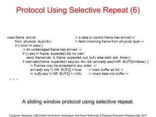 Computer Networks, Fifth Edition by Andrew Tanenbaum and David Wetherall, © Pearson Education-Prentice Hall, 2011
Protocol Using Selective Repeat (6)
A sliding window protocol using selective repeat.
. . .
 