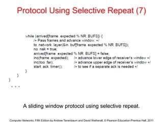 Computer Networks, Fifth Edition by Andrew Tanenbaum and David Wetherall, © Pearson Education-Prentice Hall, 2011
Protocol Using Selective Repeat (7)
A sliding window protocol using selective repeat.
. . .
 
