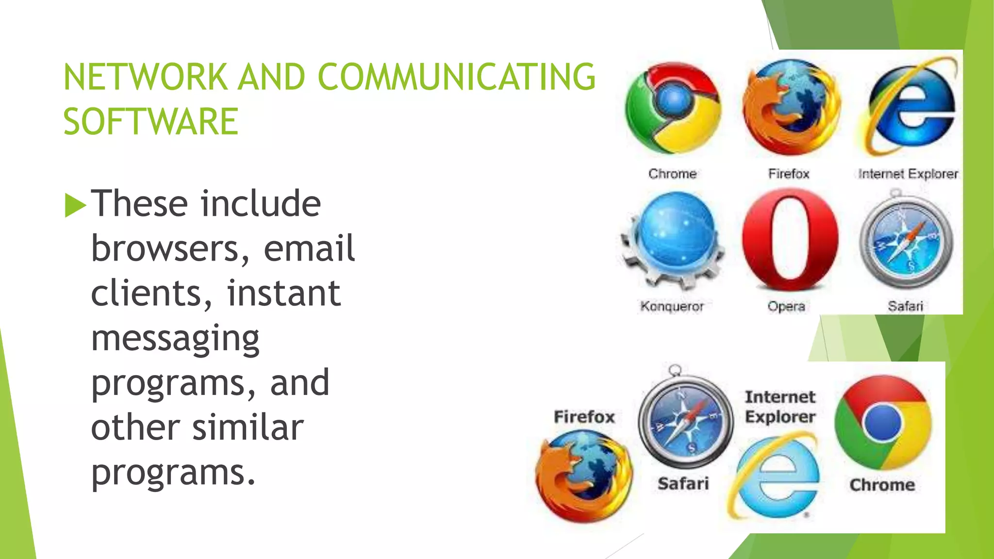 NETWORK AND COMMUNICATING
SOFTWARE
These include
browsers, email
clients, instant
messaging
programs, and
other similar
programs.
 