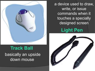 Track Ball 
Light Pen 
basically an upside 
down mouse 
a device used to draw, 
write, or issue 
commands when it 
touches a specially 
designed screen 
 