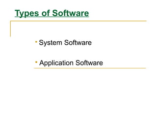 Types of Software
 System Software
 Application Software
 