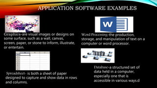 APPLICATION SOFTWARE EXAMPLES
Graphics-are visual images or designs on
some surface, such as a wall, canvas,
screen, paper, or stone to inform, illustrate,
or entertain.
Word Processing-the production,
storage, and manipulation of text on a
computer or word processor.
Spreadsheet- is both a sheet of paper
designed to capture and show data in rows
and columns.
Database-a structured set of
data held in a computer,
especially one that is
accessible in various ways.d
 