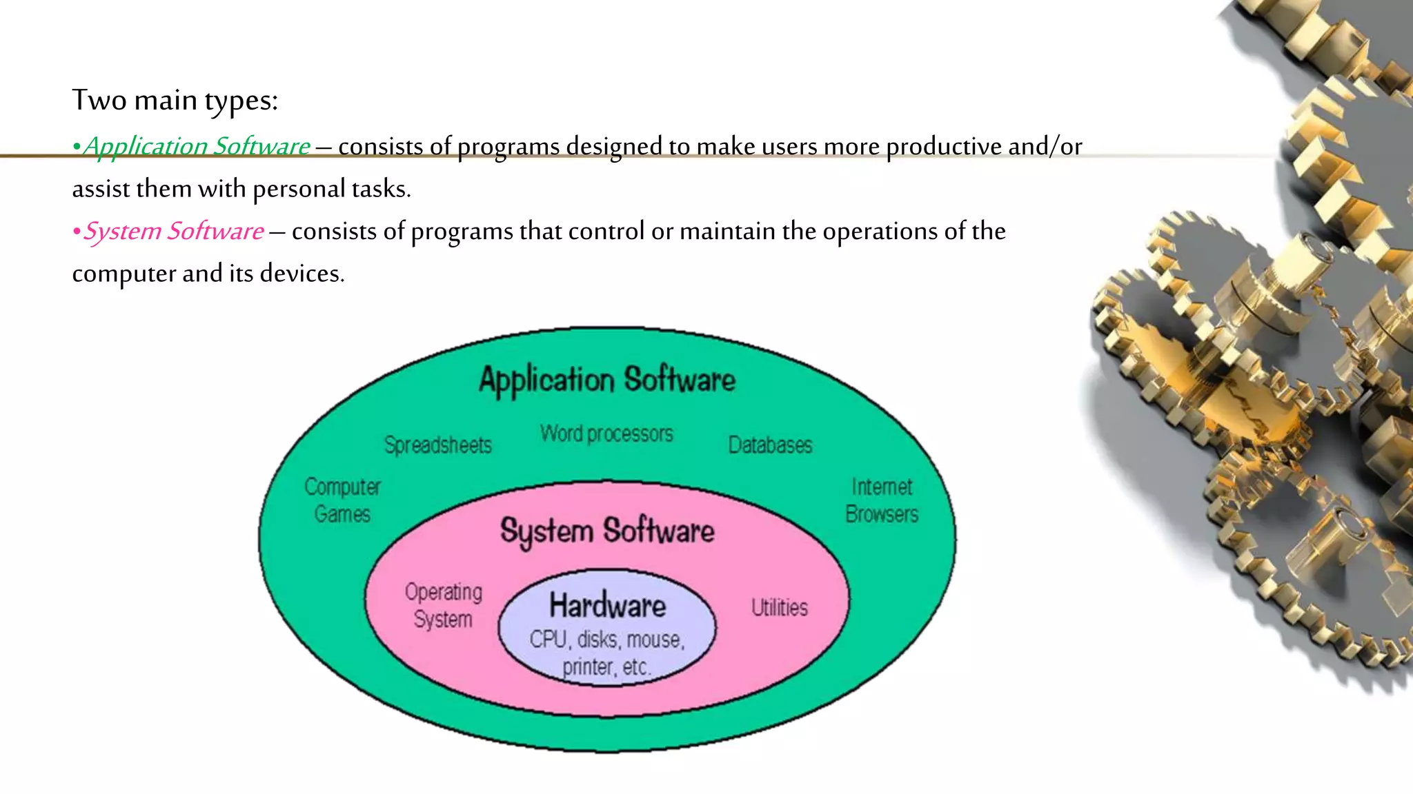 Two main types:
•Application Software –consists of programs designed to make users more productive and/or
assist them with personal tasks.
•SystemSoftware –consists of programs that control ormaintain the operations of the
computer and its devices.
 