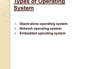 1. Stand-alone operating system
2. Network operating system
3. Embedded operating system
Types of Operating
System
 