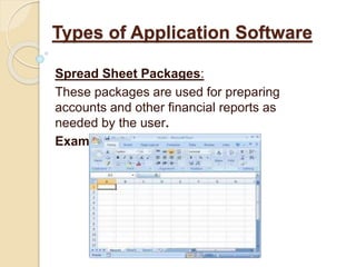 Spread Sheet Packages:
These packages are used for preparing
accounts and other financial reports as
needed by the user.
Example: MS Excel
Types of Application Software
 
