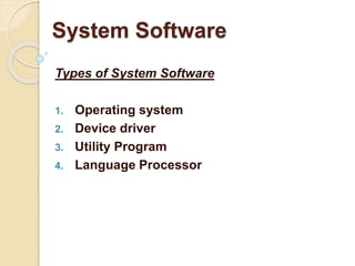 Types of System Software
1. Operating system
2. Device driver
3. Utility Program
4. Language Processor
System Software
 