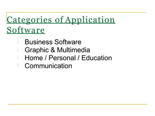 Categories of Application
Software
Business Software
Graphic & Multimedia
Home / Personal / Education
Communication
 