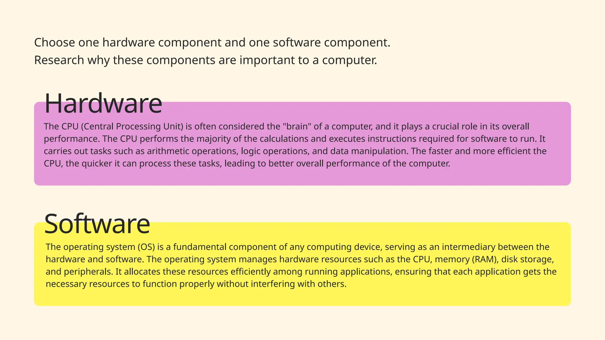 Choose one hardware component and one software component.
Research why these components are important to a computer.
Hardware
The CPU (Central Processing Unit) is often considered the "brain" of a computer, and it plays a crucial role in its overall
performance. The CPU performs the majority of the calculations and executes instructions required for software to run. It
carries out tasks such as arithmetic operations, logic operations, and data manipulation. The faster and more efficient the
CPU, the quicker it can process these tasks, leading to better overall performance of the computer.
Software
The operating system (OS) is a fundamental component of any computing device, serving as an intermediary between the
hardware and software. The operating system manages hardware resources such as the CPU, memory (RAM), disk storage,
and peripherals. It allocates these resources efficiently among running applications, ensuring that each application gets the
necessary resources to function properly without interfering with others.
 
