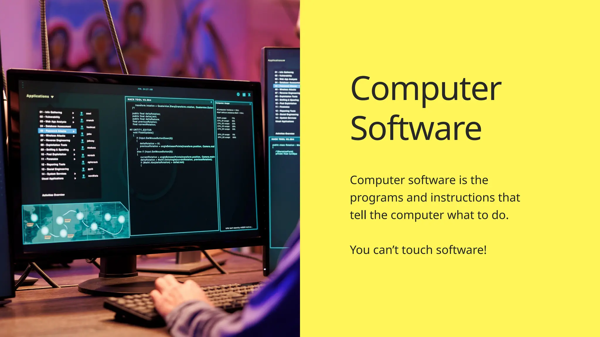 Computer software is the
programs and instructions that
tell the computer what to do.
You can’t touch software!
Computer
Software
 