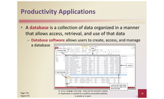 Productivity Applications
• A database is a collection of data organized in a manner
that allows access, retrieval, and use of that data
– Database software allows users to create, access, and manage
a database
13
Page 170
Figure 4-8
© 2016 Cengage Learning®. May not be scanned, copied
or duplicated, or posted to a publicly accessible website,
in whole or in part.
 