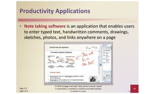 Productivity Applications
• Note taking software is an application that enables users
to enter typed text, handwritten comments, drawings,
sketches, photos, and links anywhere on a page
14
Page 171
Figure 4-9
© 2016 Cengage Learning®. May not be scanned, copied
or duplicated, or posted to a publicly accessible website,
in whole or in part.
 