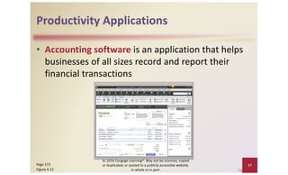 Productivity Applications
• Accounting software is an application that helps
businesses of all sizes record and report their
financial transactions
© 2016 Cengage Learning®. May not be scanned, copied
or duplicated, or posted to a publicly accessible website,
in whole or in part.
17
Page 173
Figure 4-12
 